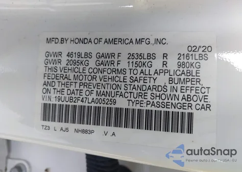 2020 Acura Tlx Tech Package z USA, uszkodzony, nr VIN 19UUB2F47LA005259